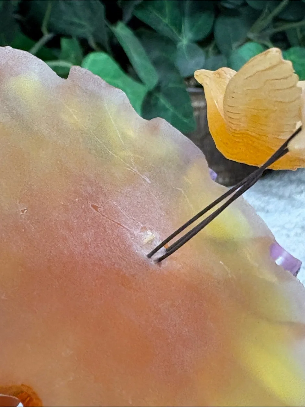 Amber Yellow Glass Bird Figurine Frosted Flower Base 3D Effect